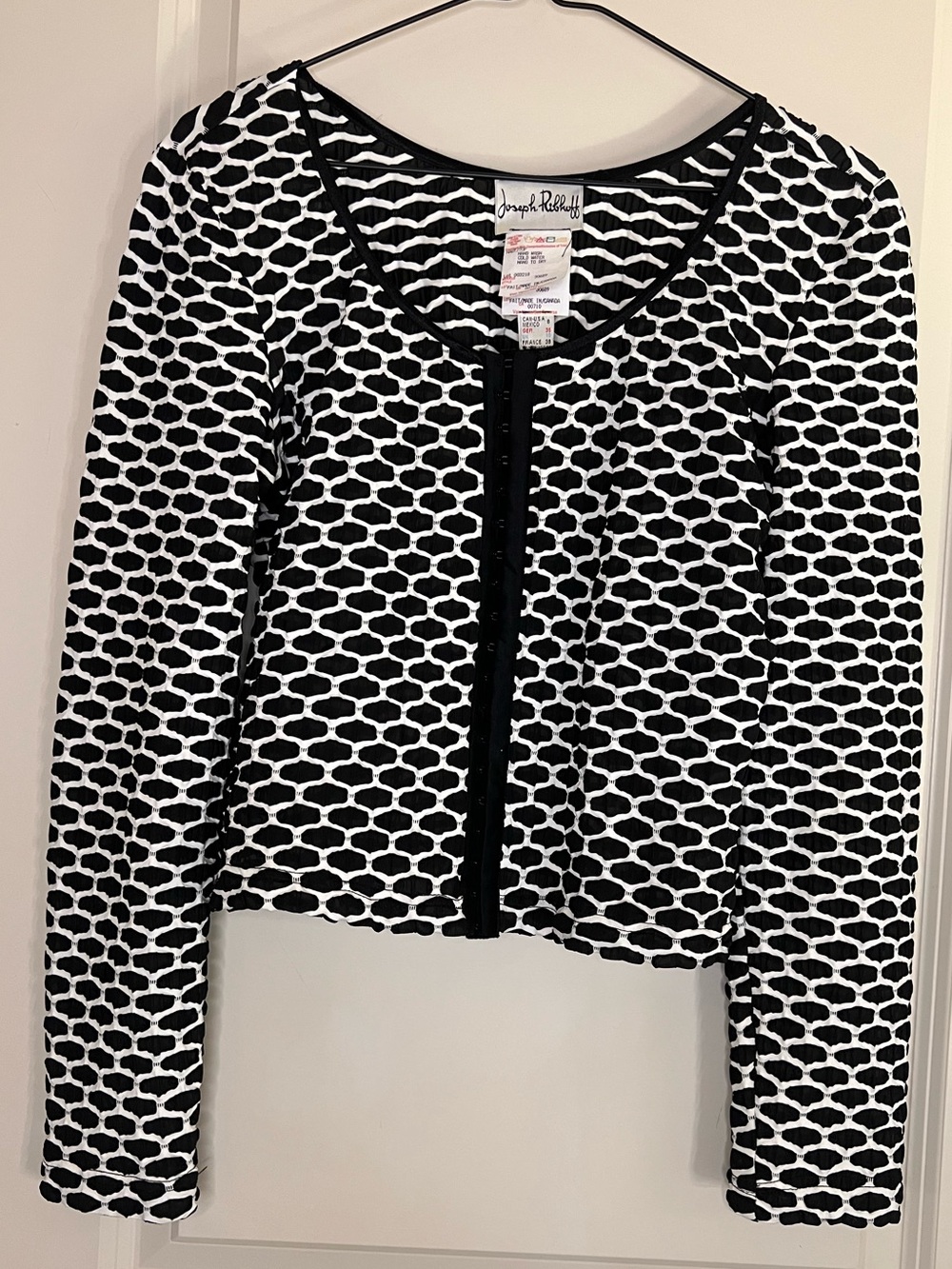 Joseph Ribkoff Black White Long Sleeve Honeycomb Eyelet Closure Top - Picture 3 of 7